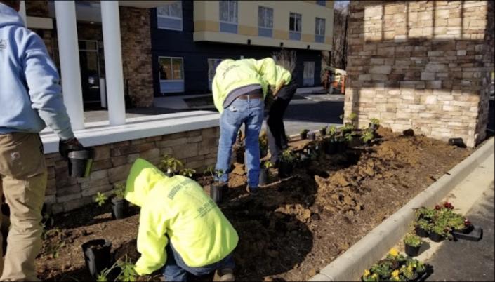 Our team of dedicated professionals preparing and planting a flower bed for a landscaping design.